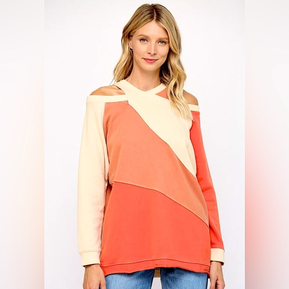 Fate Oversized Patchwork Orange and Cream Colorblock Shoulder Cutouts Sweatshirt